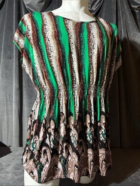 Green Striped & Paisley Short Sleeve Tunic Top
